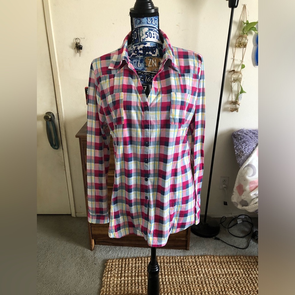Women’s Pink, Blue & Yellow Plaid Button-Up Shirt
